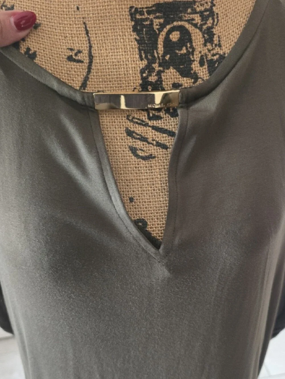 Michael Kors Olive Green V-Neck Tunic with Gold Accent Bar